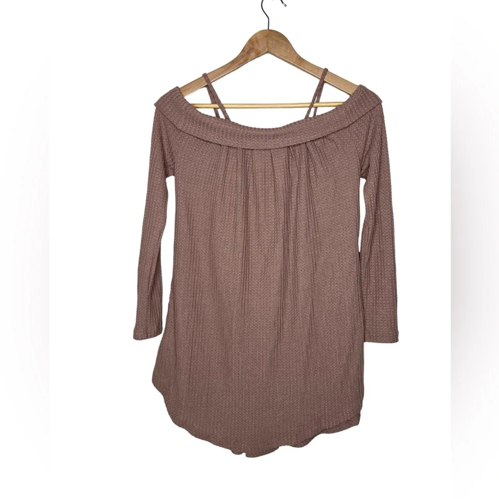 Long sleeve Criss Cross Off the Shoulder Waffle Tunic Mocha Size Medium